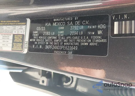 2023 Kia Forte Lxs из США, поврежденный, VIN 3KPF24AD3PE621649